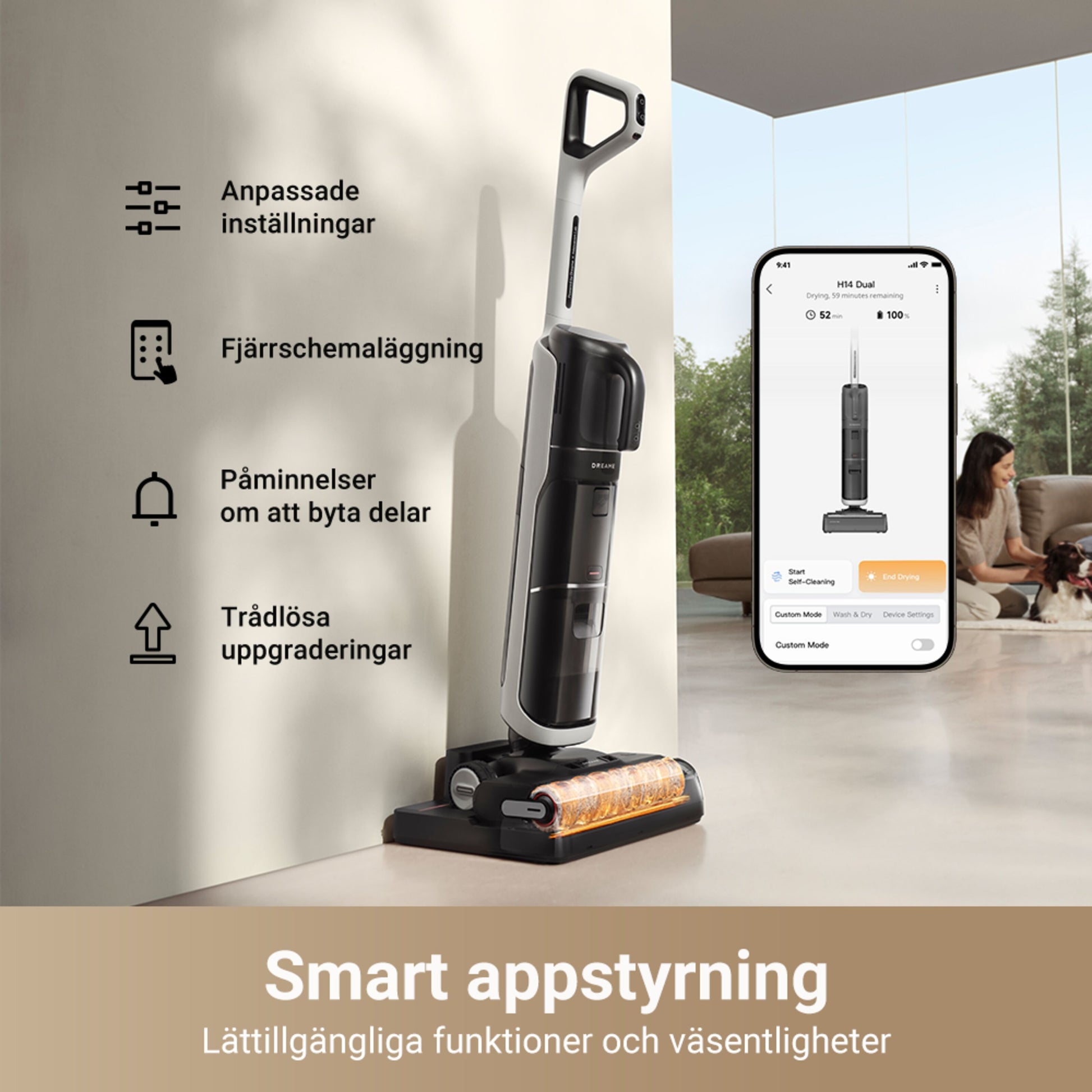 Dreame H14 DUAL ledningsfri støvsuger ved siden af smartphone med app, svensk tekst om smart støvsugning og selvrensende system.