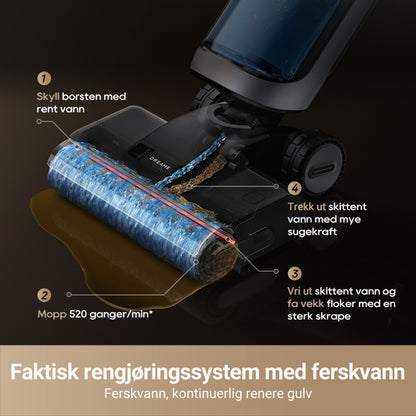 Dreame H14 DUAL støvsuger og gulvvasker close-up, norske etiketter viser selvrens med børsteskylling og skidtopsamling.