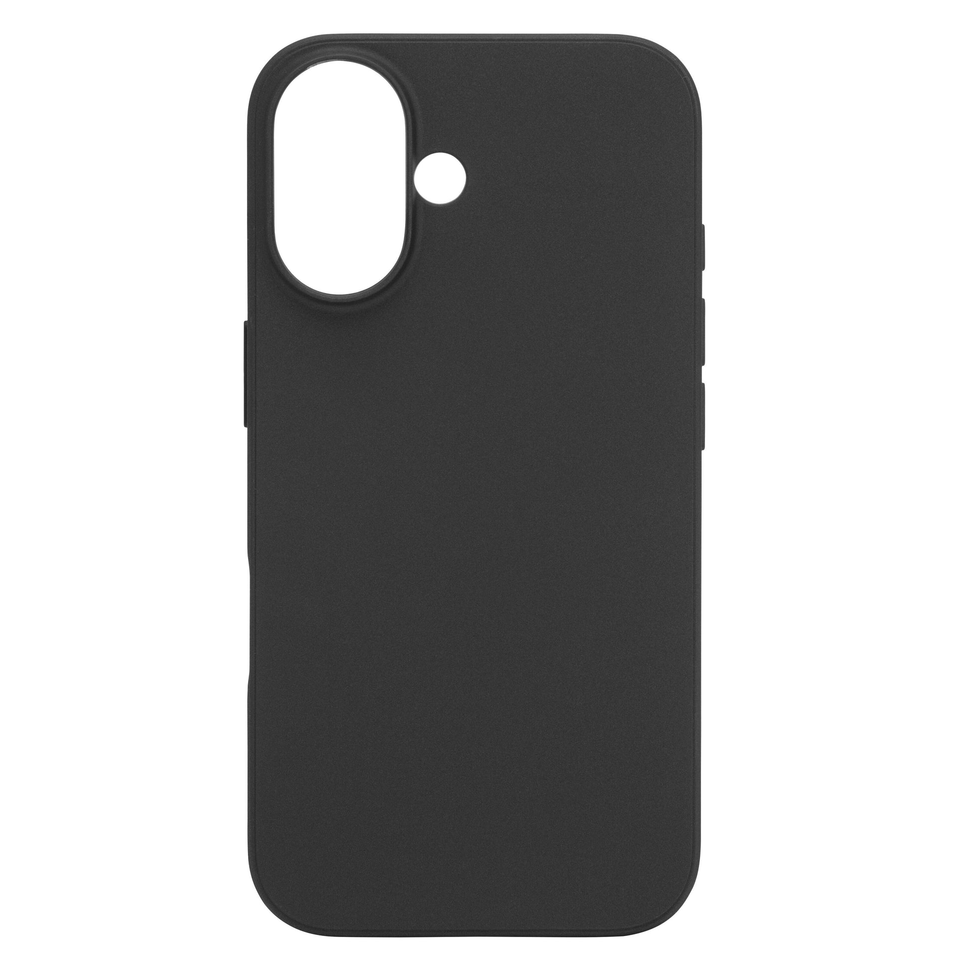 Sort Second Skin cover til iPhone 16, ekstra tyndt med mat antibakteriel overflade og udskæringer til kamera og blitz.