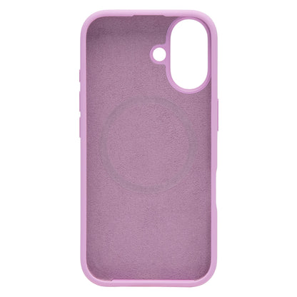 Linocell cover til iPhone 16 lyserød, blødt indvendigt for, MagSafe-understøttelse, cirkulært aftryk, kameraudskæring.