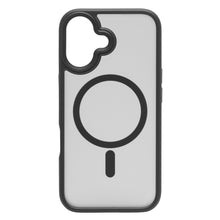 Linocell Hard Case til iPhone 16 sort kant, grå bagside, MagSafe-symbol, støddæmpende og MagSafe-kompatibel.