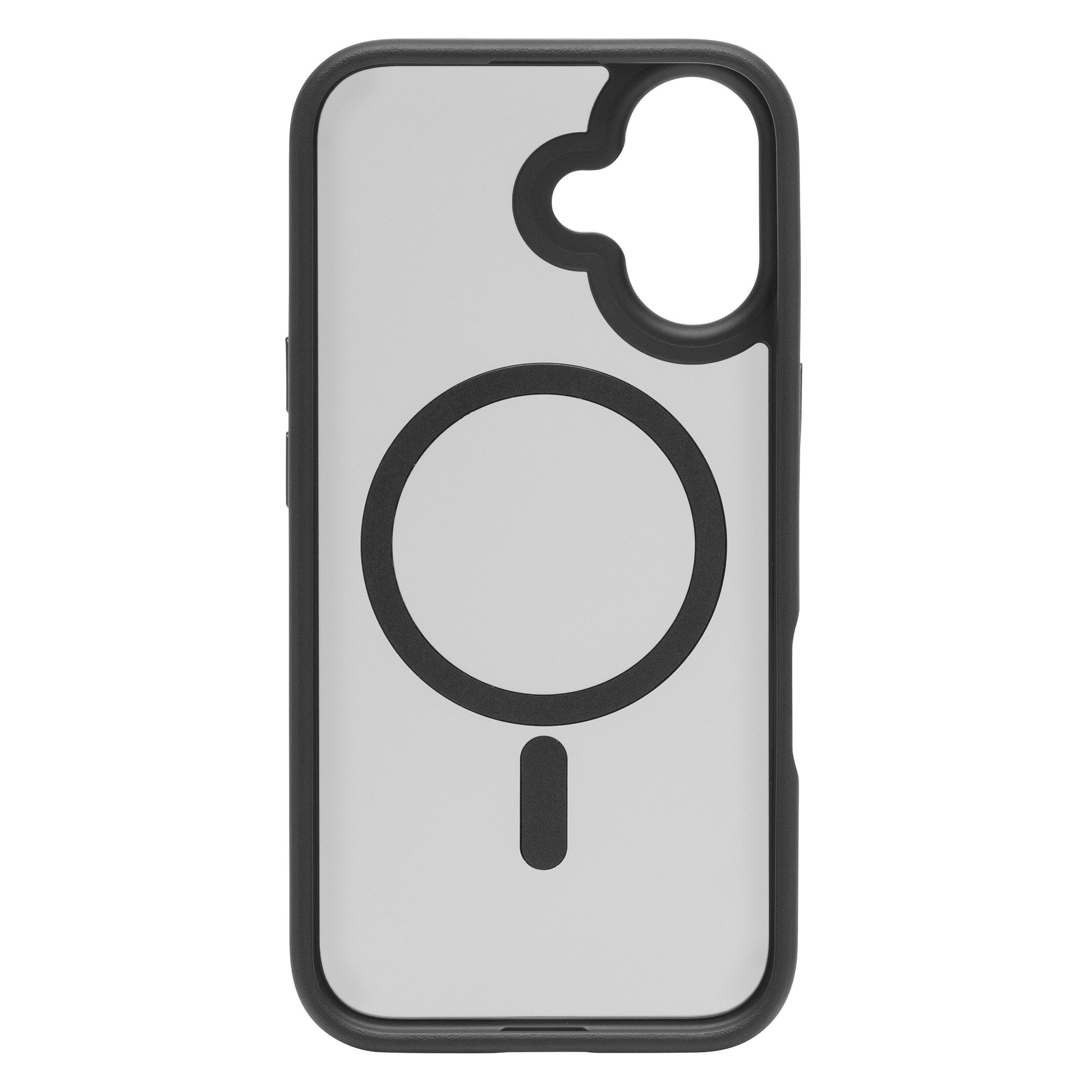 Linocell Hard Case mobilcover til iPhone 16, gennemsigtigt med sort kant, cirkulær midte og MagSafe-kompatibilitet.