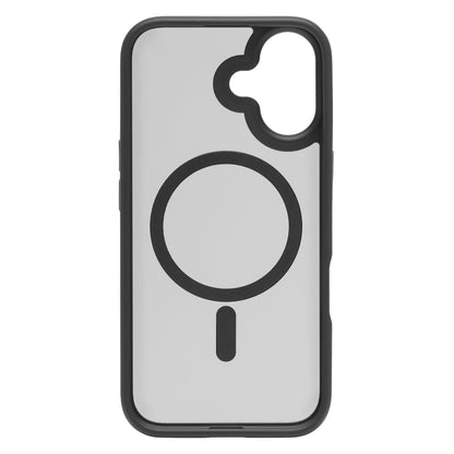 Linocell Hard Case mobilcover til iPhone 16, gennemsigtigt med sort kant, cirkulær midte og MagSafe-kompatibilitet.