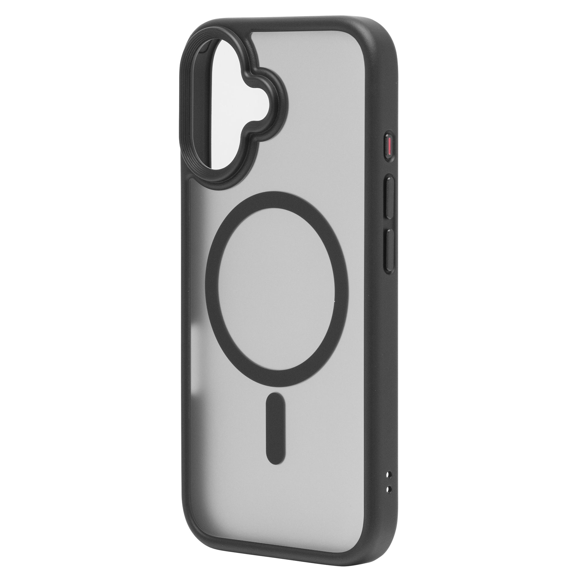 Hard Case cover til iPhone 16, transparent med sorte kanter, støddæmpende og MagSafe-design, vist fra skrå vinkel.