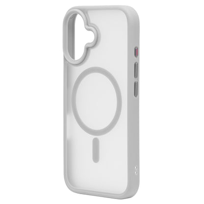 Linocell Hard Case til iPhone 16 hvid med MagSafe-kompatibilitet, stort MagSafe-symbol og præcise udskæringer.