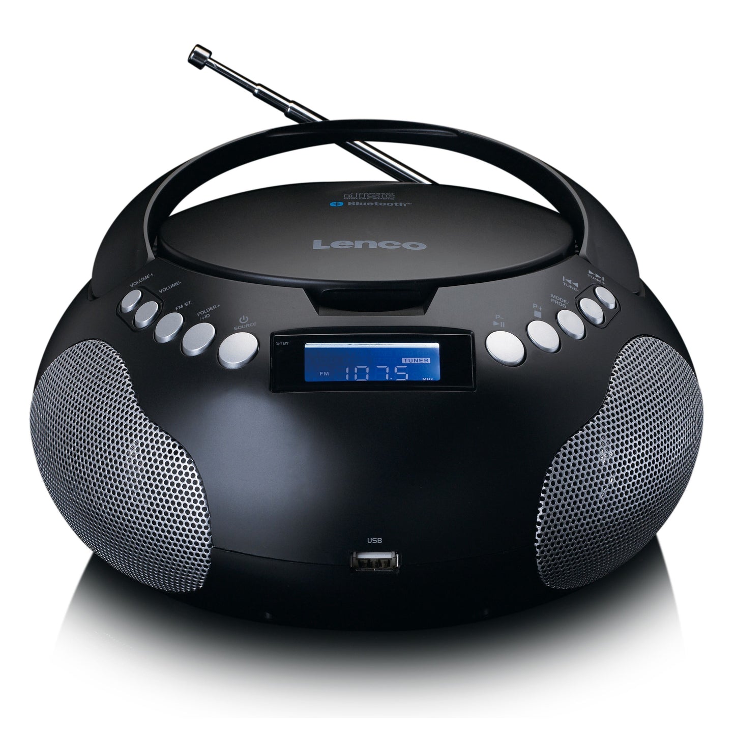 Lenco SCD-331 sort bærbar CD-afspiller FM-radio med højttalere, topknapper, digitalt display, USB MP3-port forrest.