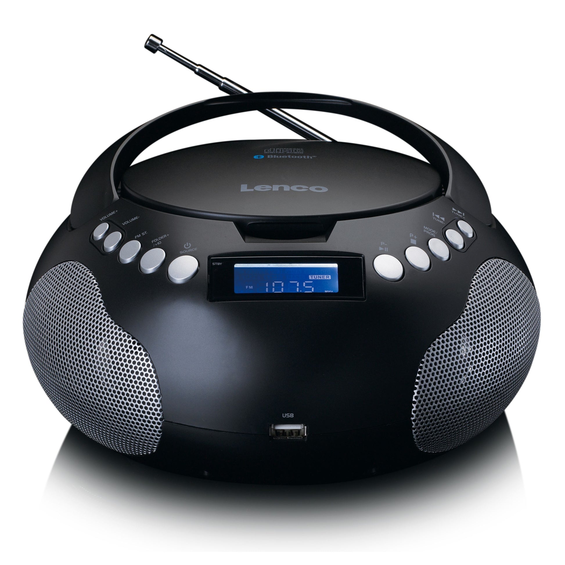 Lenco SCD-331 sort bærbar CD-afspiller FM-radio med højttalere, topknapper, digitalt display, USB MP3-port forrest.