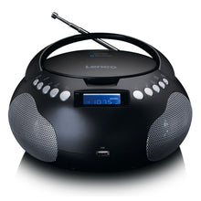 Lenco SCD-331 sort bærbar CD-afspiller FM-radio med højttalere, topknapper, digitalt display, USB MP3-port forrest.