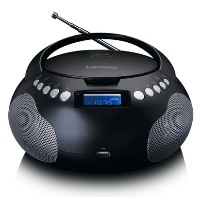 Lenco SCD-331 sort bærbar CD-afspiller FM-radio med højttalere, topknapper, digitalt display, USB MP3-port forrest.