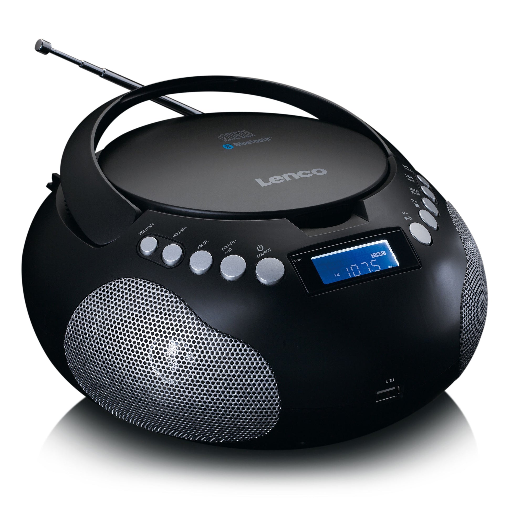 Lenco SCD-331 bærbar CD-afspiller sort med sølvhøjttalere, kontrolknapper, udtræksantenne, FM-display 107.5, top-håndtag.