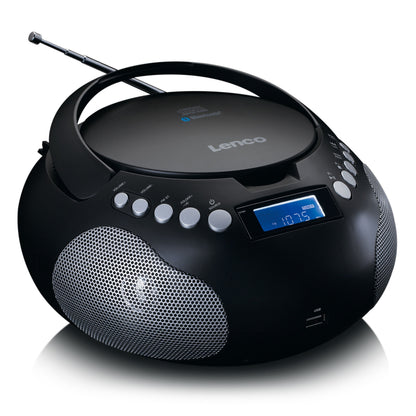 Lenco SCD-331 bærbar CD-afspiller sort med sølvhøjttalere, kontrolknapper, udtræksantenne, FM-display 107.5, top-håndtag.