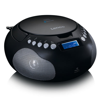 Lenco SCD-331 bærbar CD-afspiller sort, boombox med højtalere, knapper, digitalt display 10:75, FM-radio, USB-port foran.