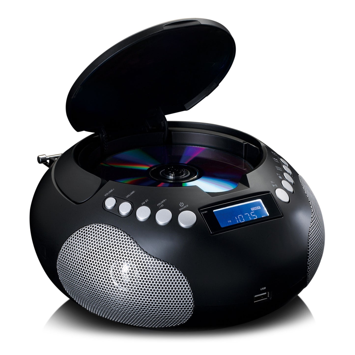 Lenco bærbar CD-afspiller SCD-331 sort, åbent låg med CD, indbyggede højttalere, kontrolknapper, FM-radio display 107.5, USB-port.