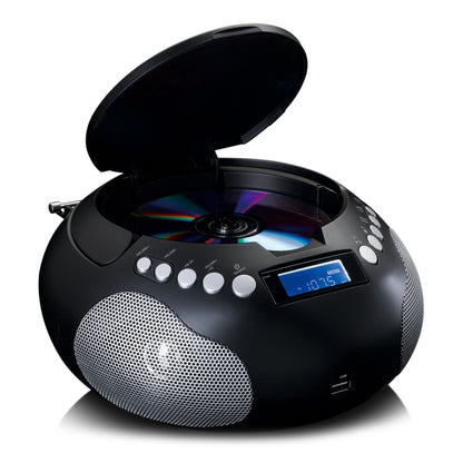 Lenco bærbar CD-afspiller SCD-331 sort, åbent låg med CD, indbyggede højttalere, kontrolknapper, FM-radio display 107.5, USB-port.
