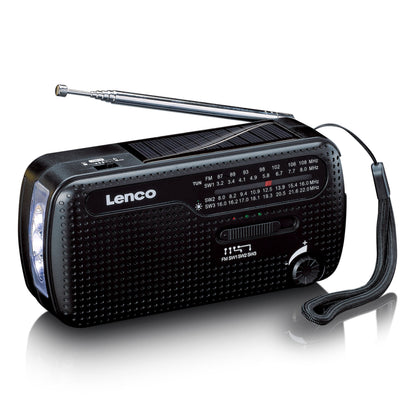 Lenco MCR-113BK sort FM-radio med dynamo og solopladning, lommelygte, teleskopantenne og håndledsrem.