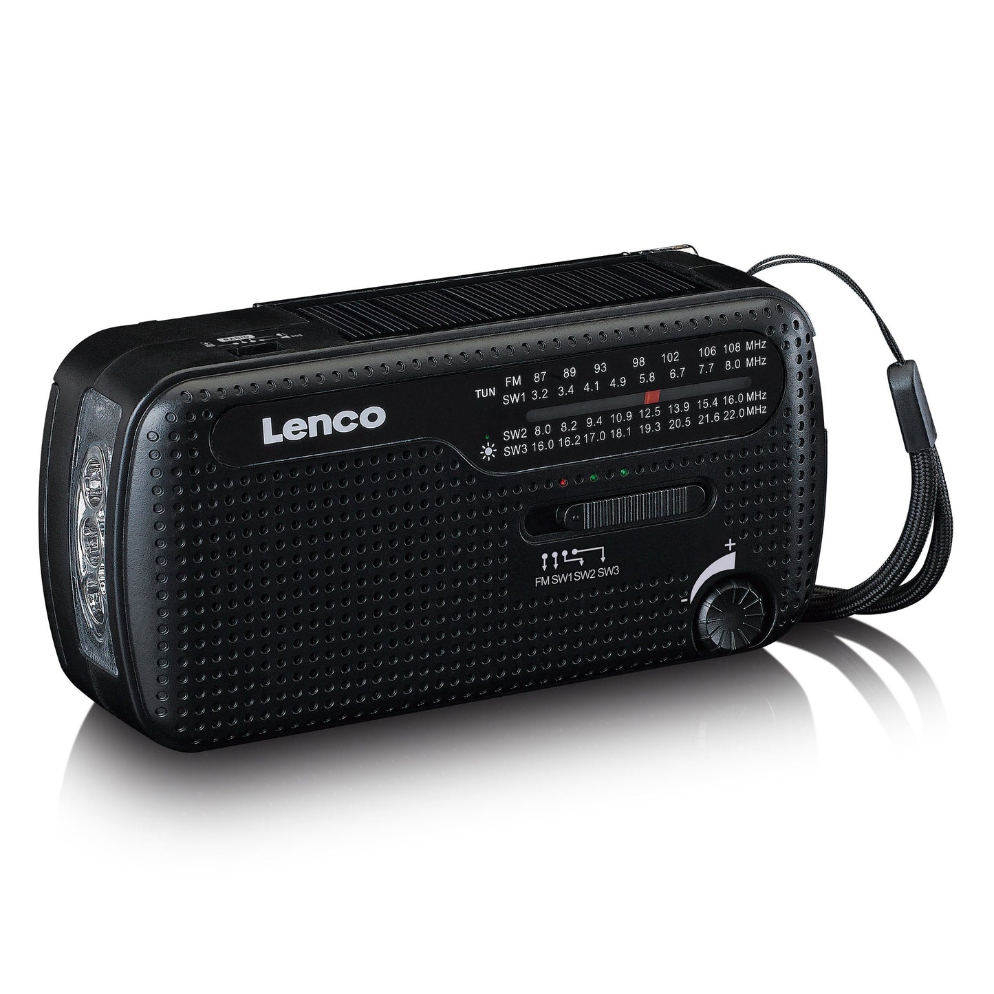 Lenco MCR-113BK sort FM-radio med dynamo og solceller, indbygget lygte, tuning-knapper, FM SW1-SW3 bånd, håndledsrem.