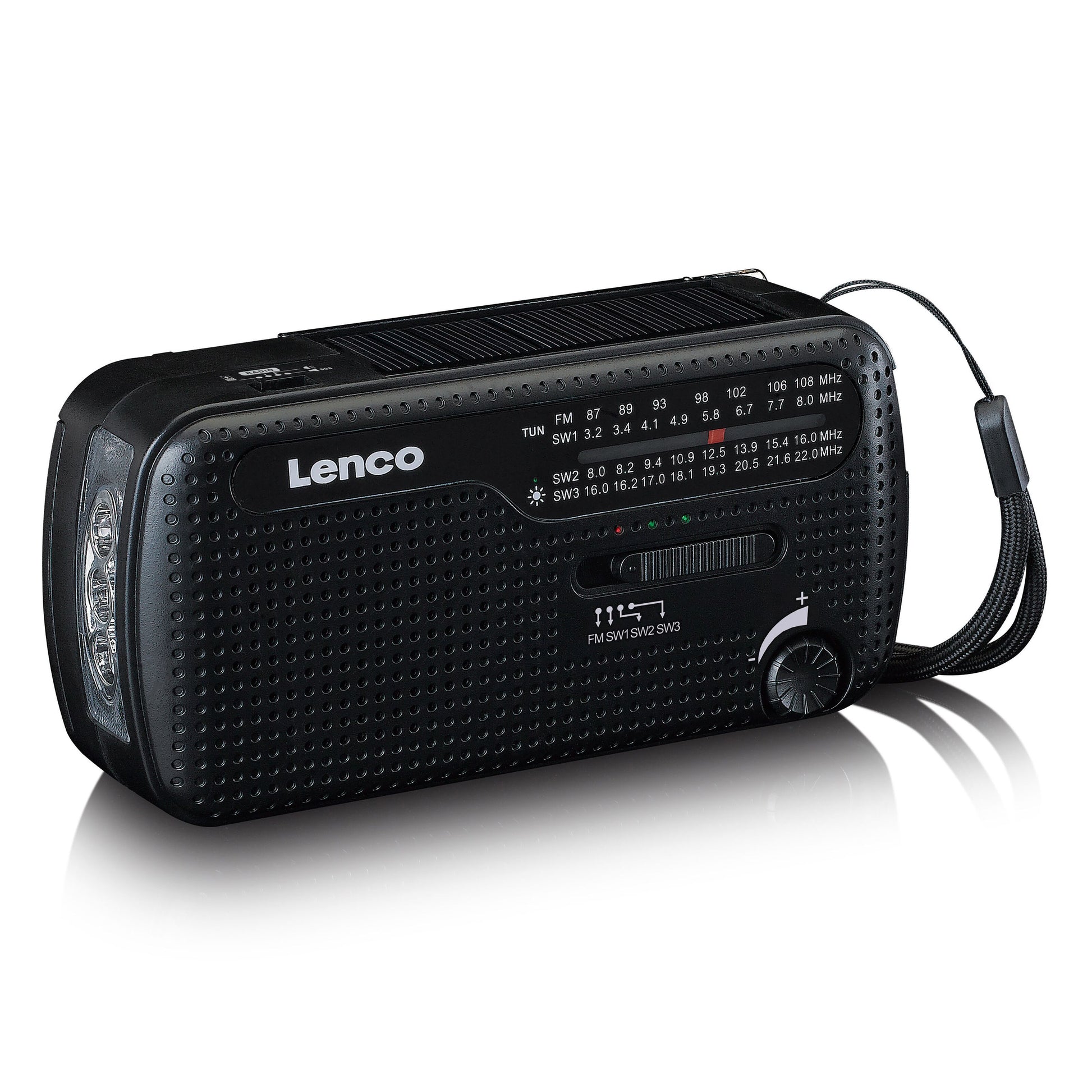 Lenco MCR-113BK sort FM-radio med dynamo og solceller, indbygget lygte, tuning-knapper, FM SW1-SW3 bånd, håndledsrem.