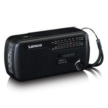 Lenco MCR-113BK sort FM-radio med dynamo og solceller, indbygget lygte, tuning-knapper, FM SW1-SW3 bånd, håndledsrem.