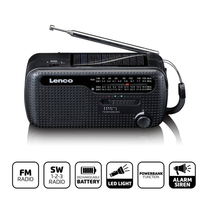 Lenco MCR-113BK bærbar sort FM-radio med udtrækkelig antenne, drejeknap, sol- og dynamoopladning, LED-lys, powerbank.