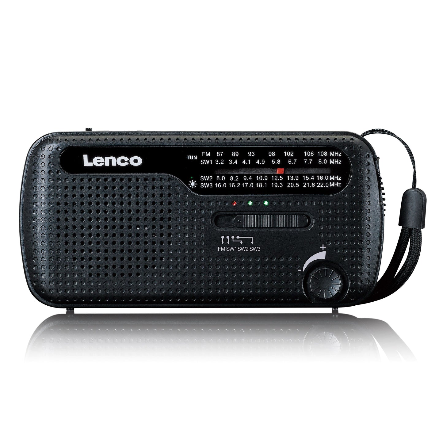 Lenco MCR-113BK sort FM-radio med dynamo og solopladning, prikket frontgrill, frekvensdisplay, knapper og håndledsrem.
