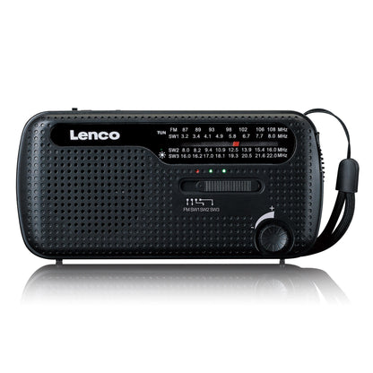 Lenco MCR-113BK sort FM-radio med dynamo og solopladning, prikket frontgrill, frekvensdisplay, knapper og håndledsrem.