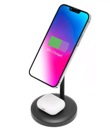 Linocell 2-i-1 opladningsstation trådløs sort med smartphone (62 opladning) og trådløse ørepropper i hvid etui.
