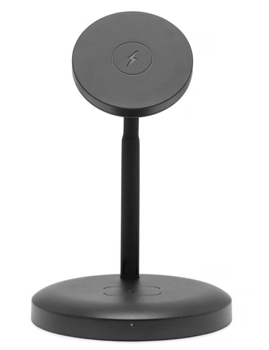 2-i-1 trådløs opladningsstation, sort magnetisk stander med vertikal støtte og rund base til MagSafe iPhone.