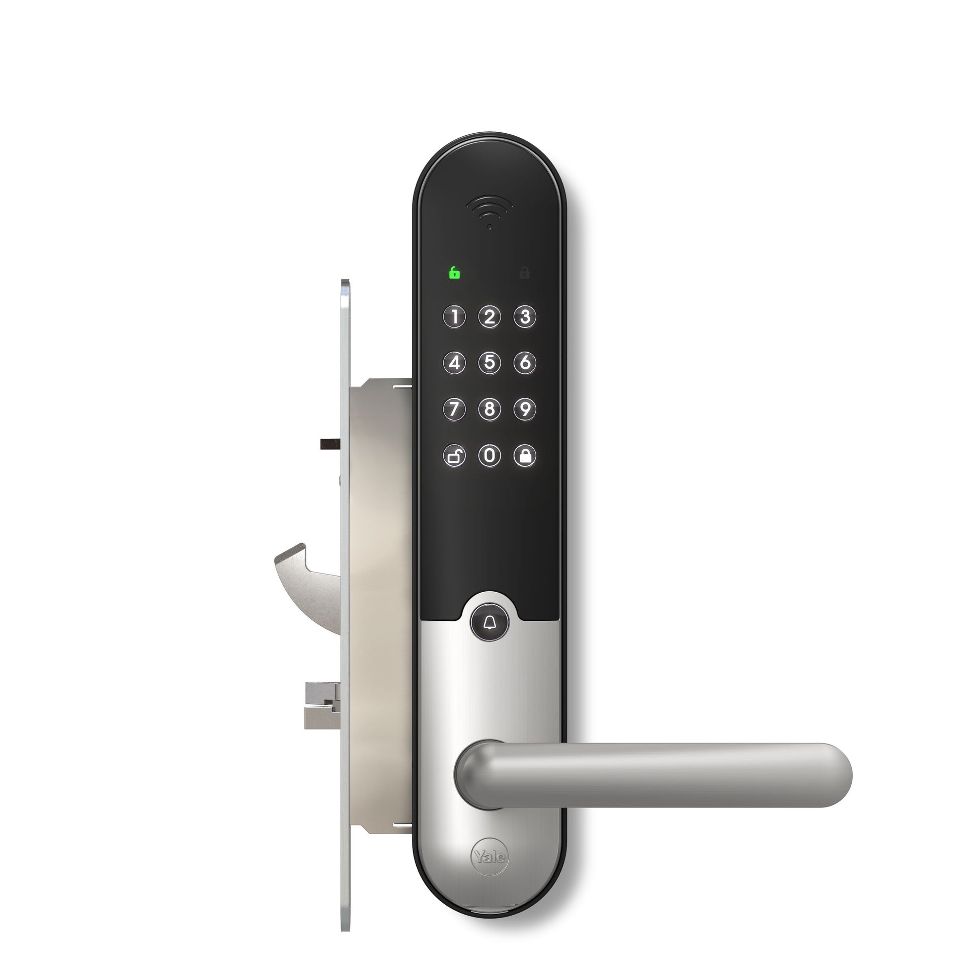 Yale Doorman L3S Flex smartlås i børstet stål med tastatur, håndtag og Wi-Fi indikator set fra siden, sort/sølv design.