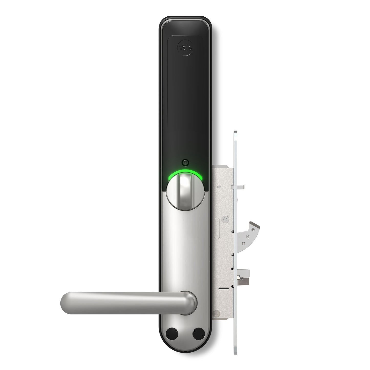 Yale Doorman L3S Flex smartlås børstet stål med sort top, håndtag, numerisk tastatur og grøn indikator.