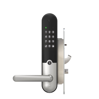 Yale Doorman L3S Flex smartlås børstet stål med sølv håndtag, touchscreen tastatur, oplyste tal og trådløs funktion.