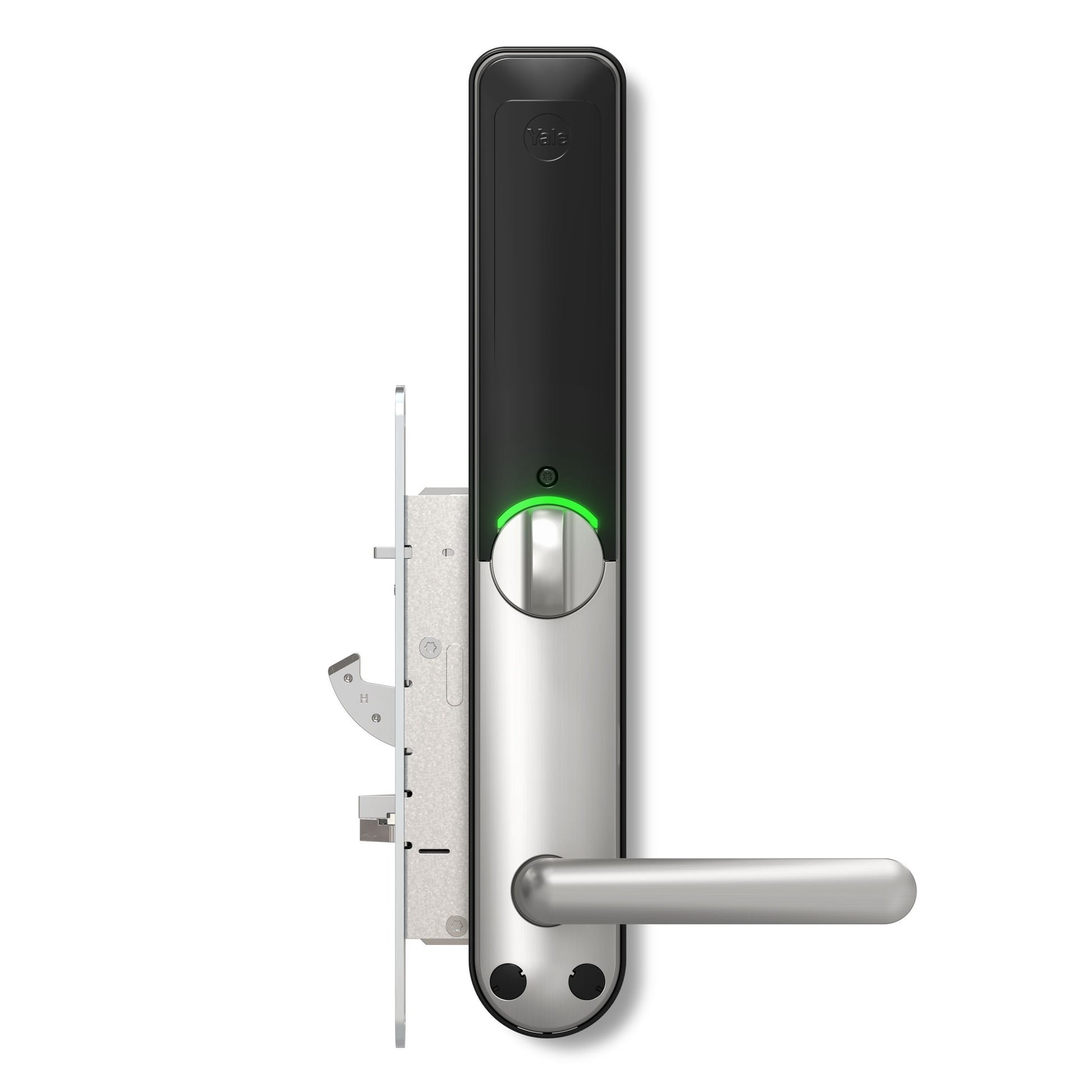 Yale Doorman L3S Flex smartlås børstet stål med håndtag og cirkulær grøn indikator for nøglefri adgang.