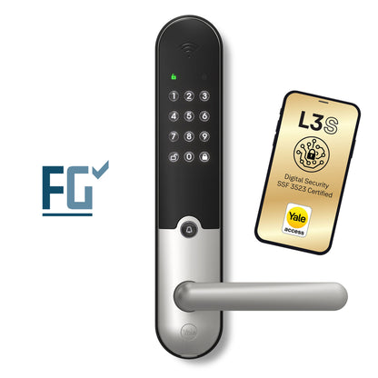 Yale Doorman L3S Flex smartlås børstet stål med tastatur, greb, Yale Access app-logo og FG nøglefri adgangslogo.