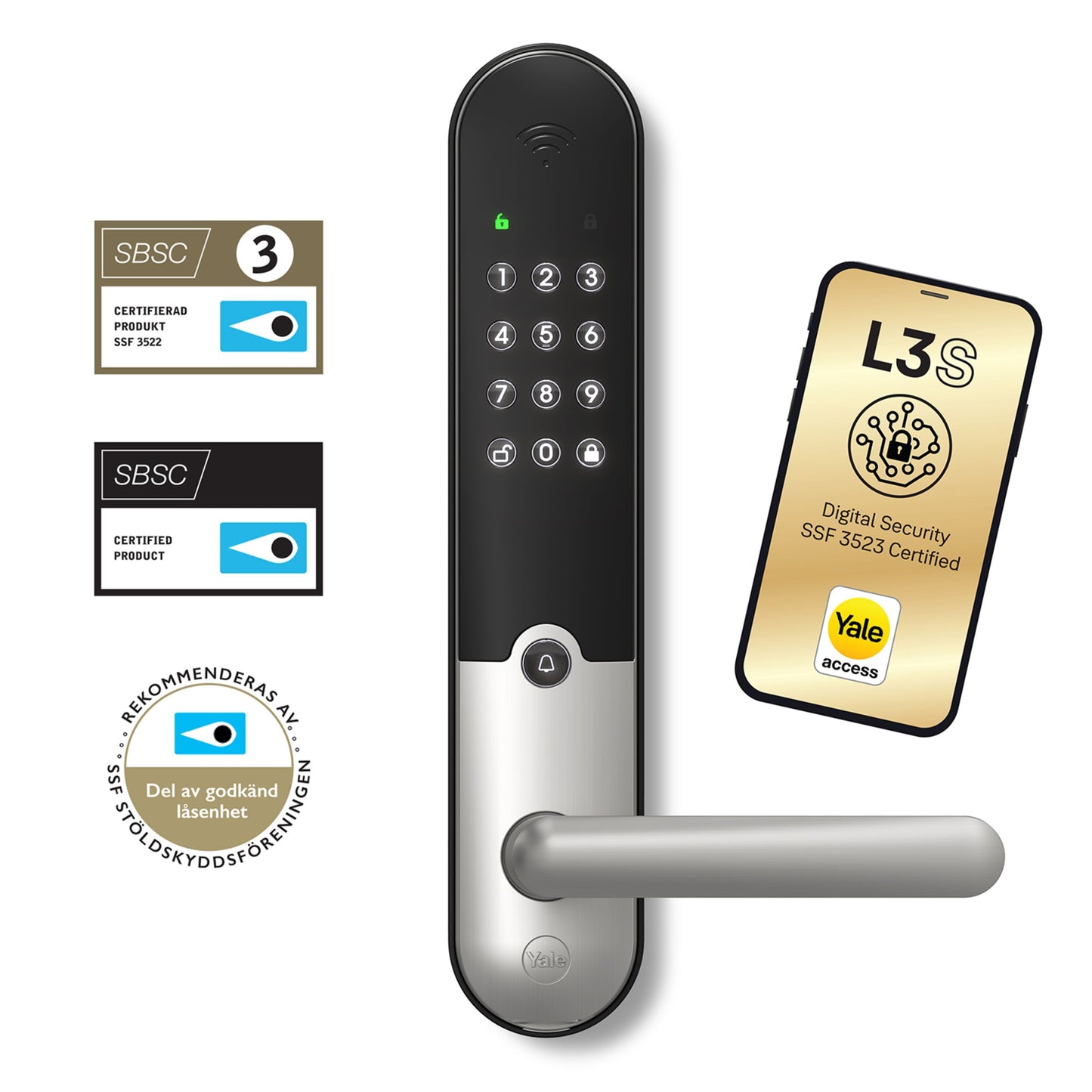 Yale Doorman L3S Flex børstet stål med keypad og håndtag, smartphone og Yale-certificeringsmærker.