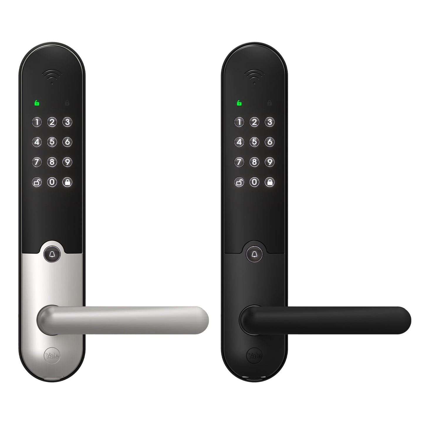 Yale Doorman L3S Flex smartlås med kode og håndtag, sølv/sort og sort, oplyst tastatur, rund knap.