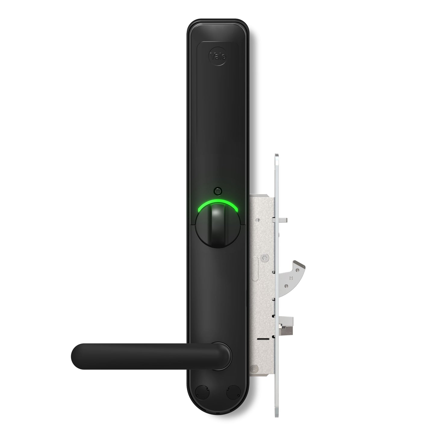 Yale Doorman L3S Flex smart dørlås sort, vandret greb, cirkulær drejeknap med grøn lysindikator, integreret metallås.