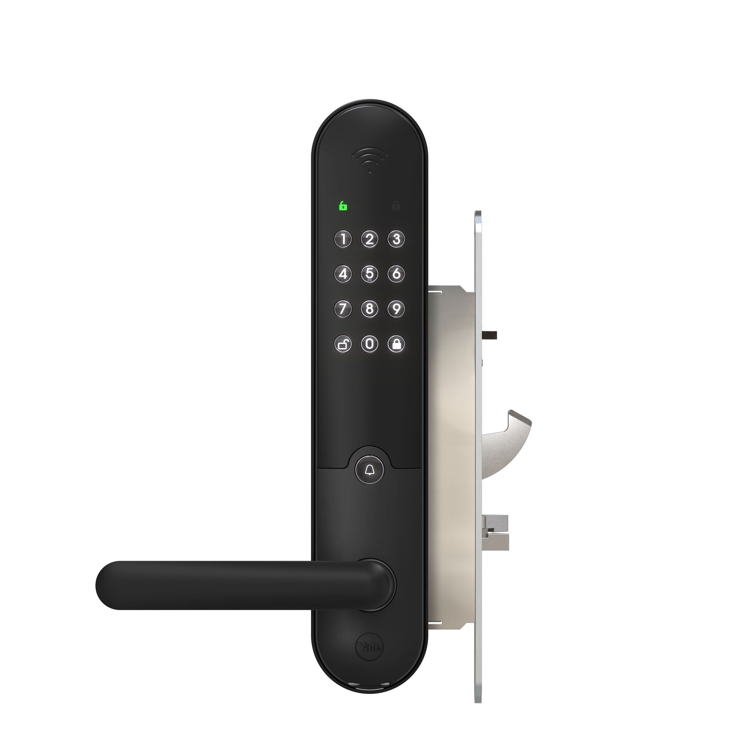 Yale Doorman L3S Flex sort smartlås med tastatur, håndtag, digitalt display og indikatorlys over knapperne.