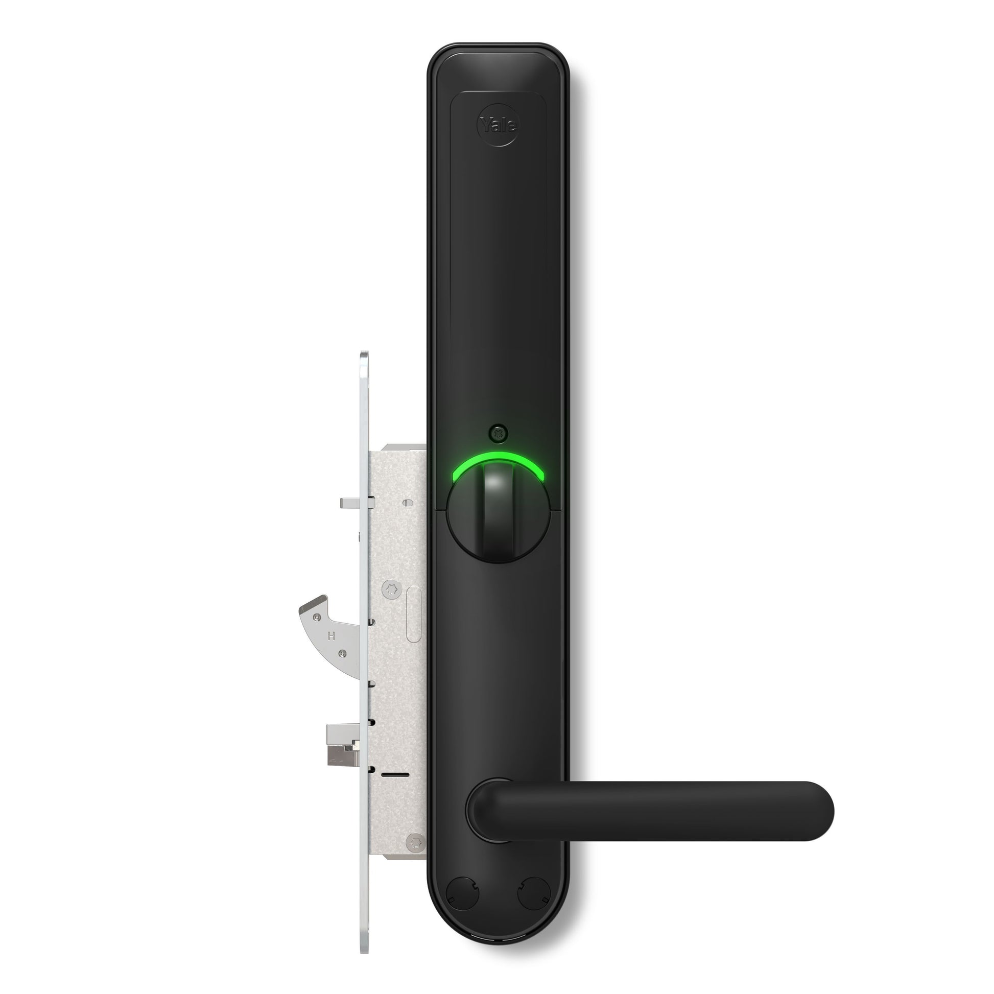 Yale Doorman L3S Flex smartlås, sort, lodret, grøn indikator, horisontalt håndtag, integreret tastatur, metal-lås venstre.