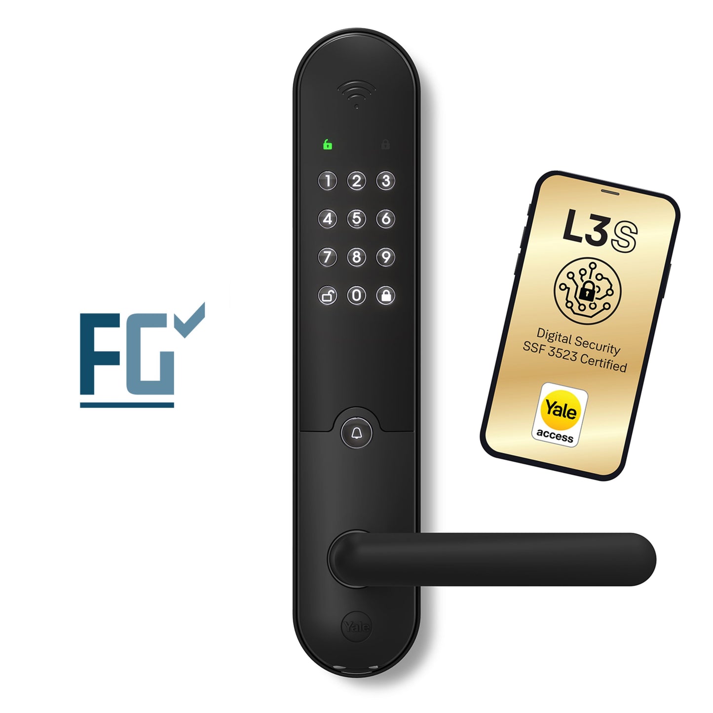 Yale Doorman L3S Flex sort digital dørlås med tastatur og håndtag, ved siden af smartphone med Yale Access, FG-logo til venstre.