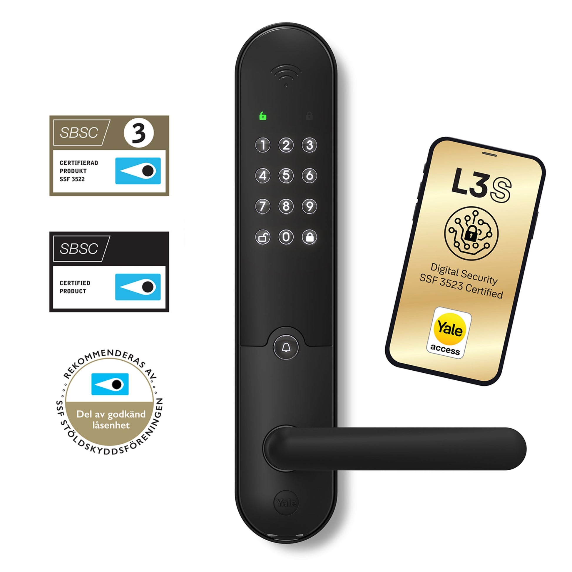 Yale Doorman L3S Flex sort smartlås med certificeringsmærker og smartphone med SSF 3523 Certified Yale Access vises.
