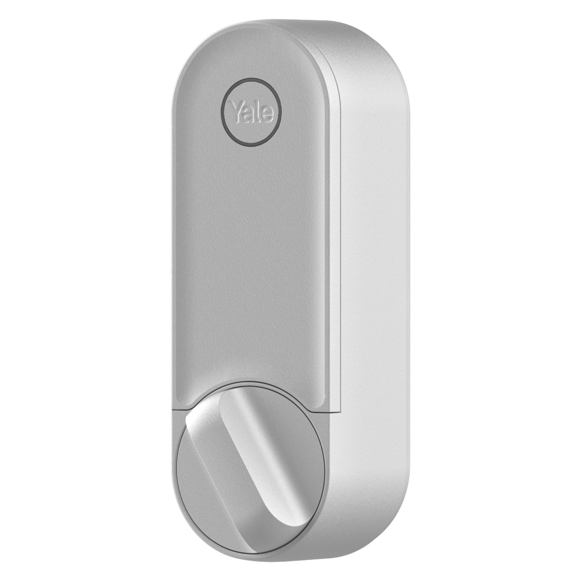 Yale Linus Smart Lock L2 sølv rektangulært design med rund drejeknap og Yale-logo øverst.