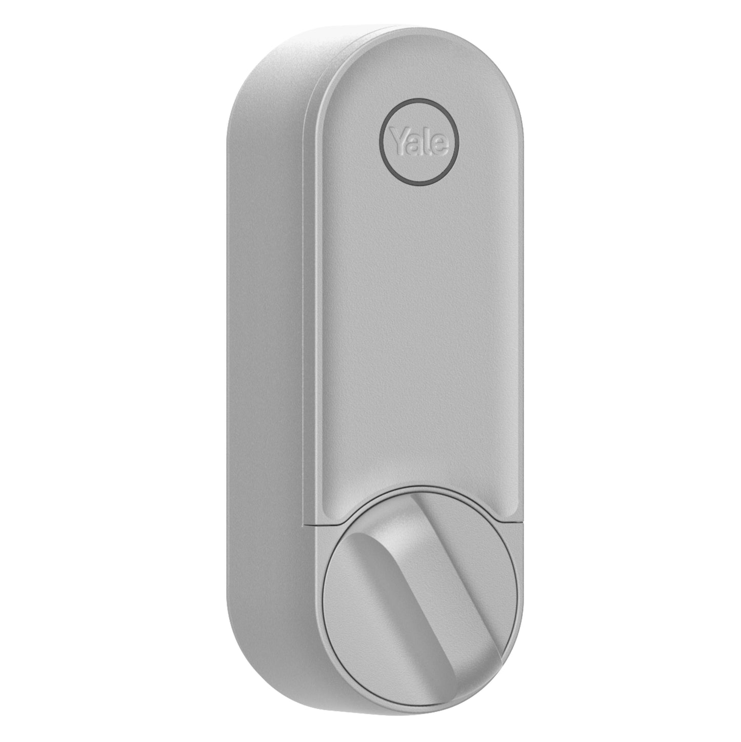 Yale Linus Smart Lock L2 sølv, rund top, logo i midten, stort drejegreb, genopladeligt batteri til smart home integration.