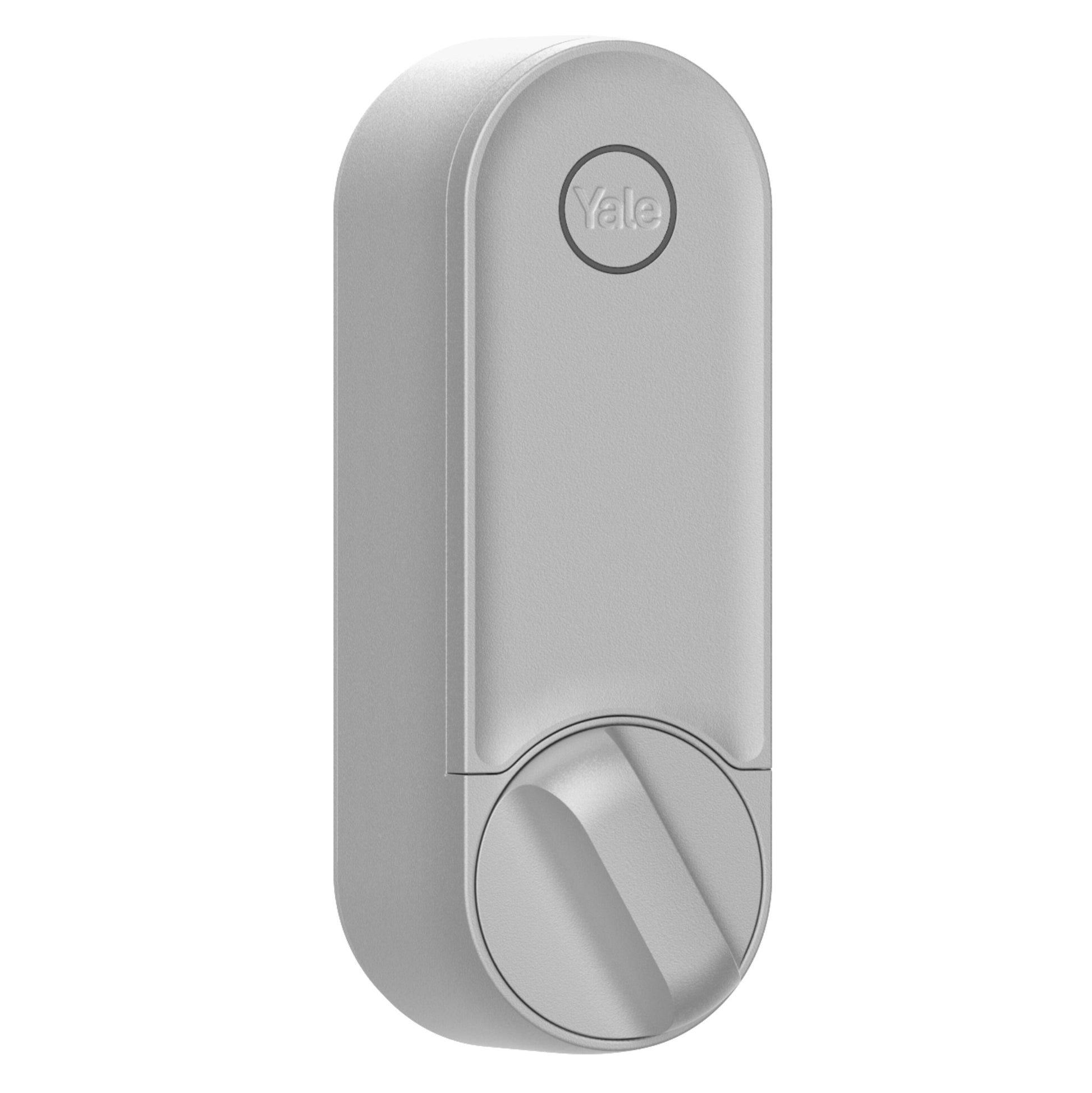 Yale Linus Smart Lock L2 sølv, rund top, logo i midten, stort drejegreb, genopladeligt batteri til smart home integration.