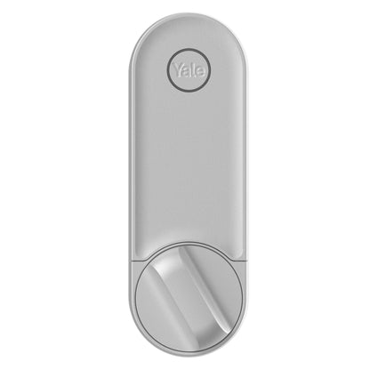 Yale Linus Smart Lock L2 sølv, rund bunddrejeknap, Yale-logo øverst, til smart home-systemer, med genopladeligt batteri.