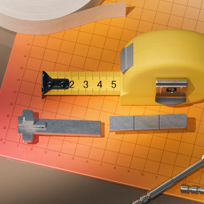 Yale Linus Smart Lock L2 Sølv, gul tommestok udstrakt til 5" på orange gittermåtte med værktøj og hvid tape.