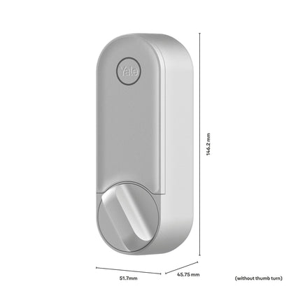 Yale Linus Smart Lock L2 sølv, cirkulær tommelfingergreb, 146,2x51,7x45,75 mm uden greb, til smart home sikkerhed, genopladeligt batteri.
