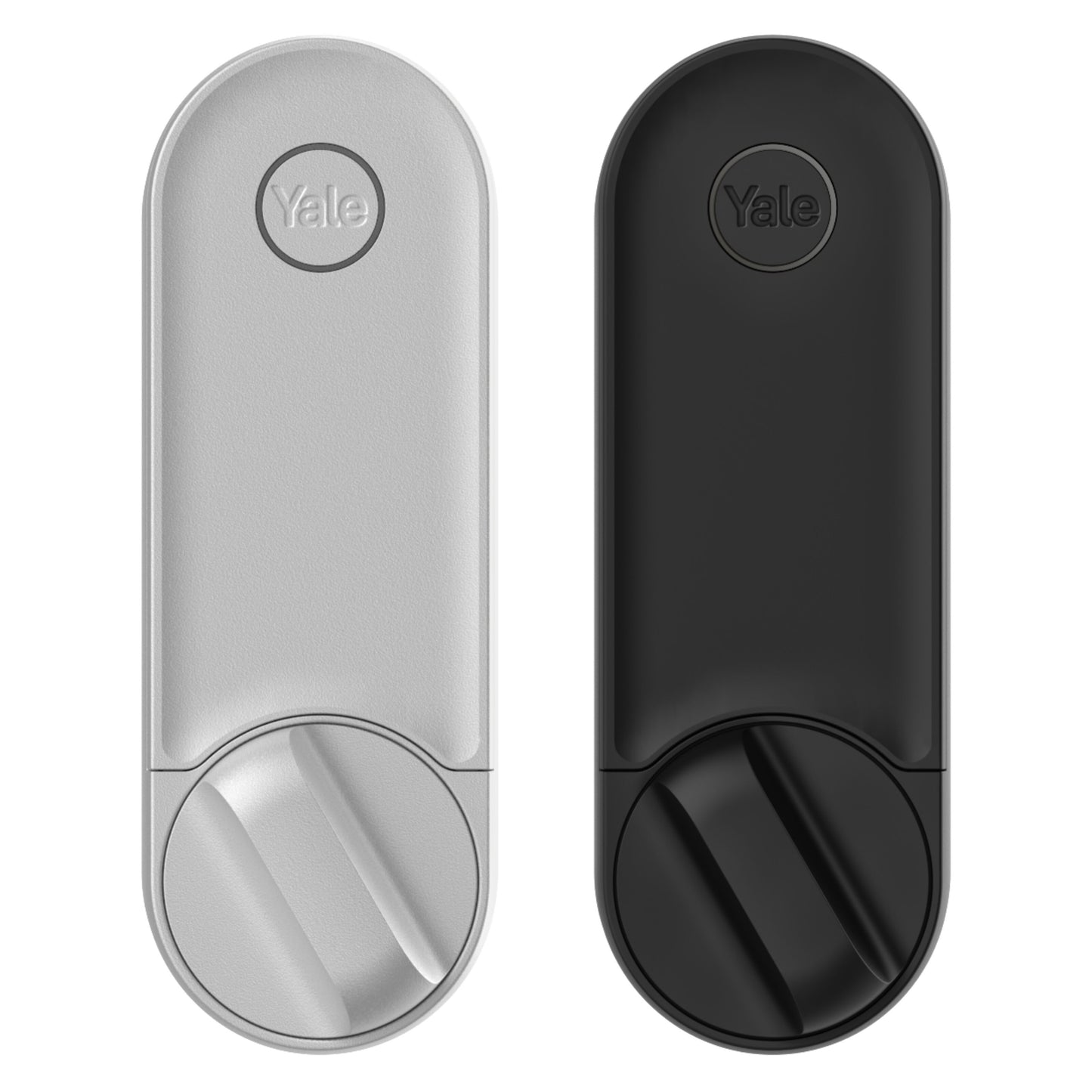 Yale Linus Smart Lock L2, sølv og sort, med roterende greb og Yale-logo, kompatibel med smart home sikkerhedssystem.