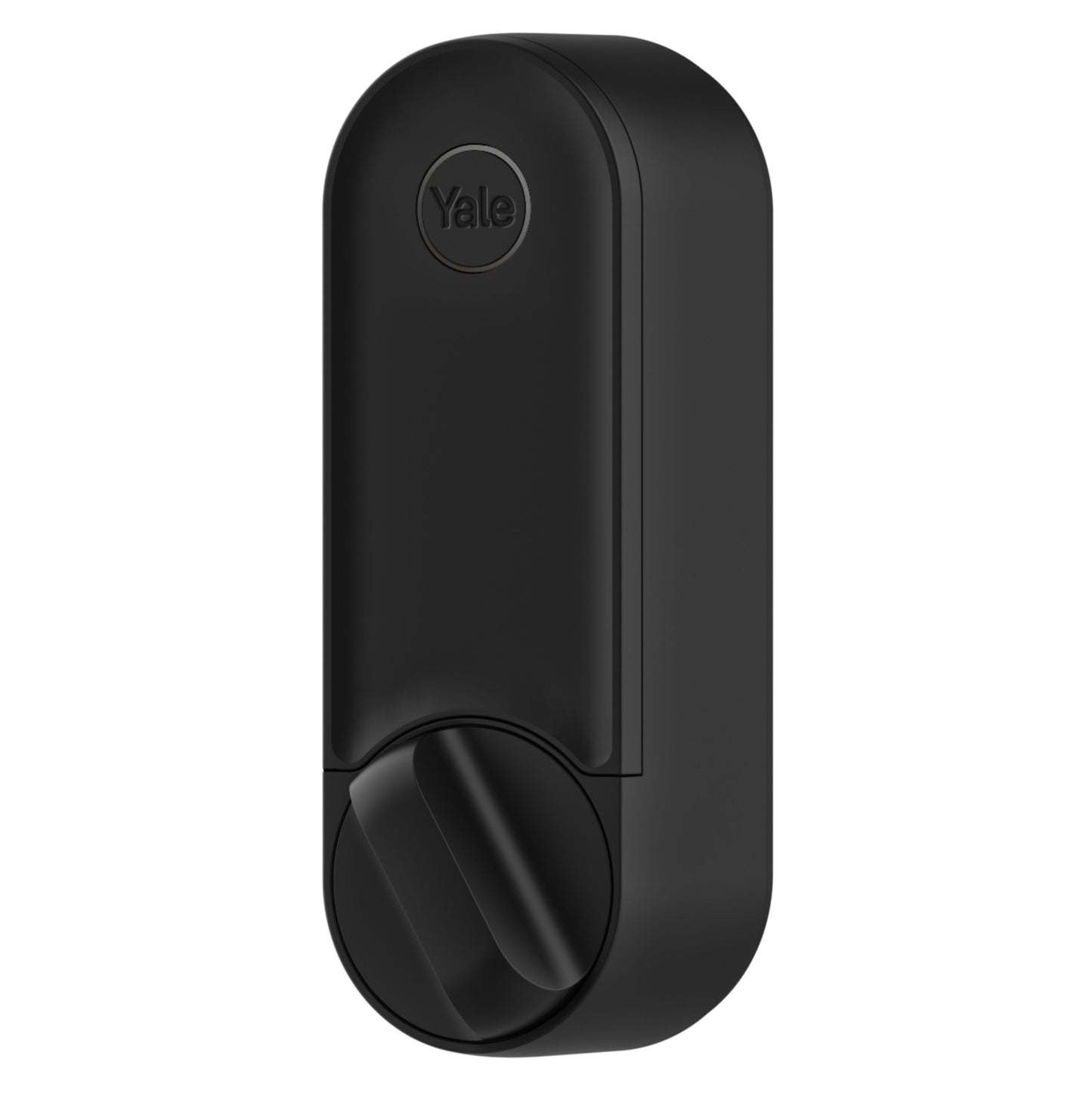 Yale Linus Smartlås L2 wifi dørlås, sort, rektangulær, rundt Yale-logo øverst, stor rund drejeknap.