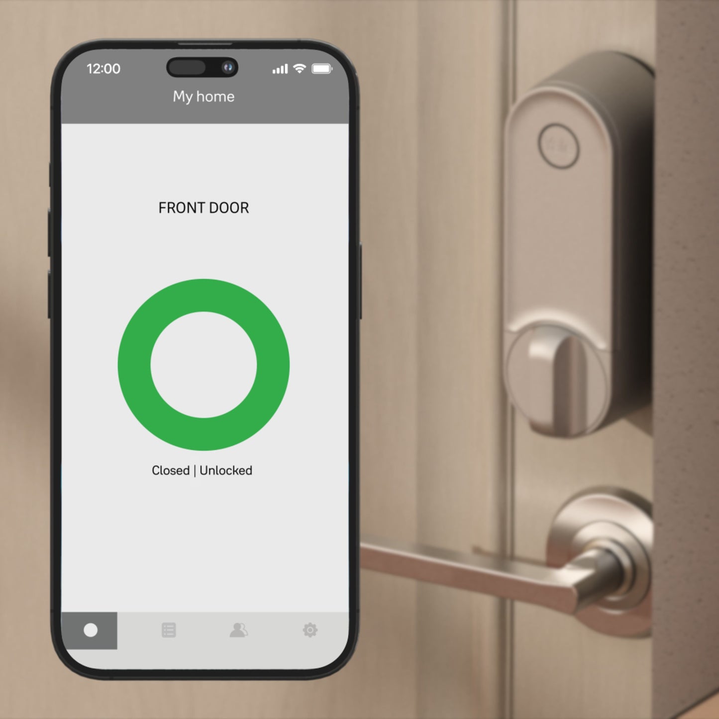 Yale Linus Smartlås L2 Sort installeret på trædør, status vist i smart home app med "FRONT DOOR Closed | Unlocked.