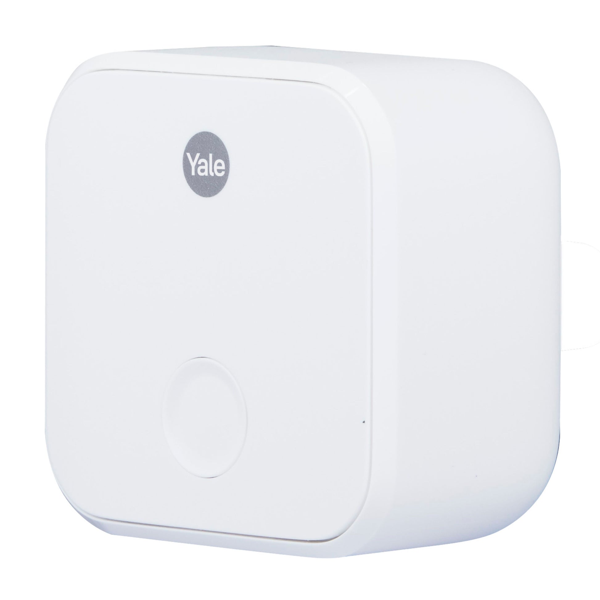 Yale ConnectX Wi-Fi-bro, hvid, firkantet med afrundede kanter og rund frontknap under Yale-logo.