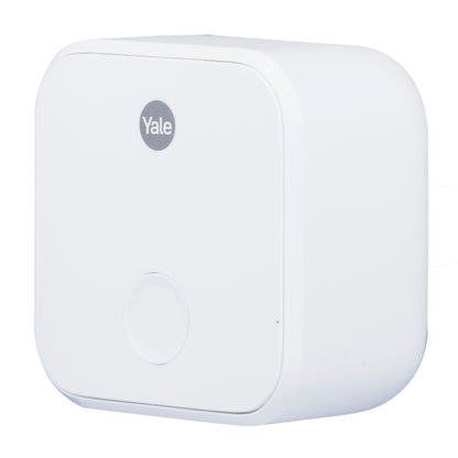 Yale ConnectX Wi-Fi-bro, hvid, firkantet med afrundede kanter og rund frontknap under Yale-logo.